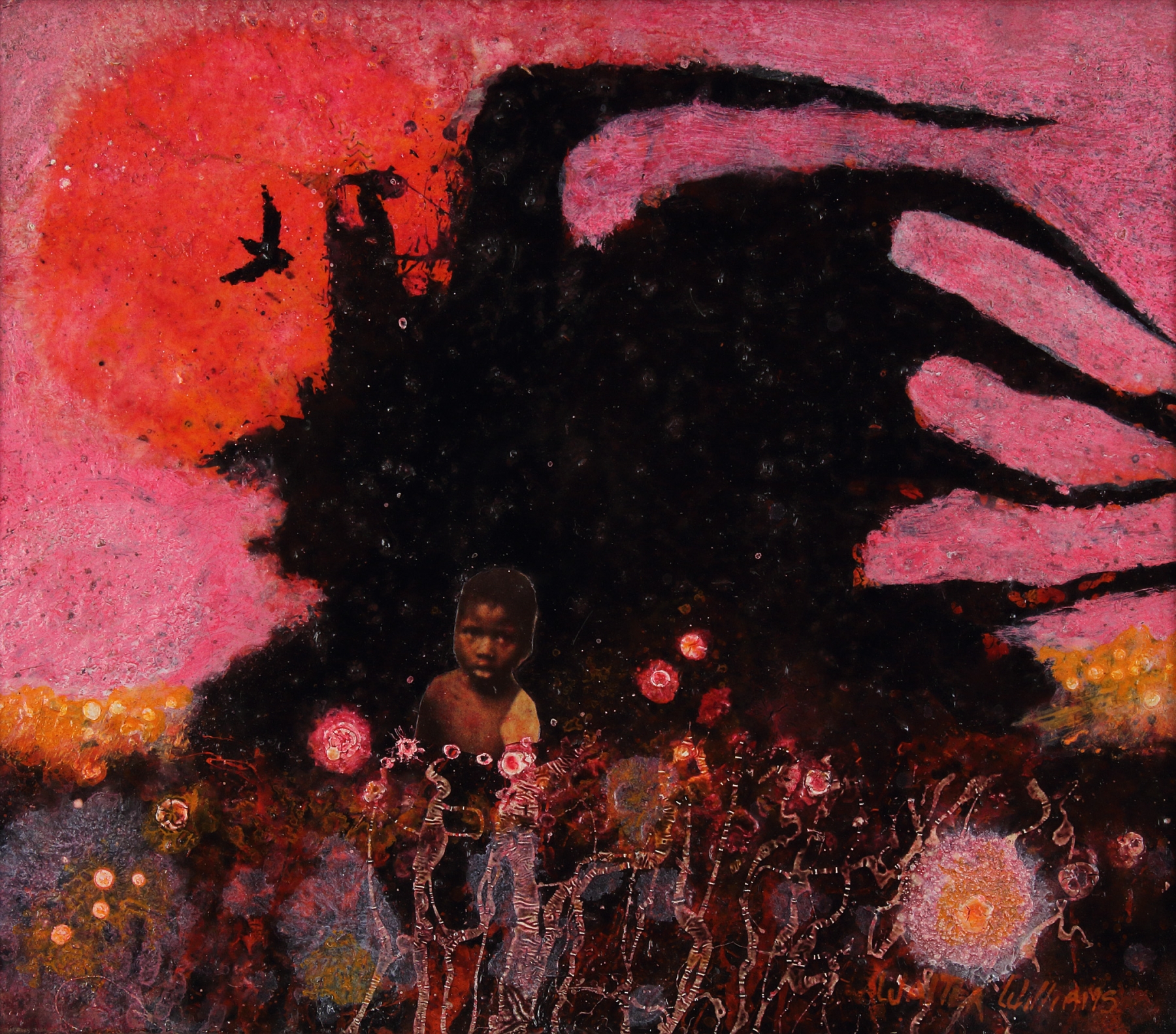 Boy with Roots, 1970, mixed media on board, 7 x 8 &frac12; inches