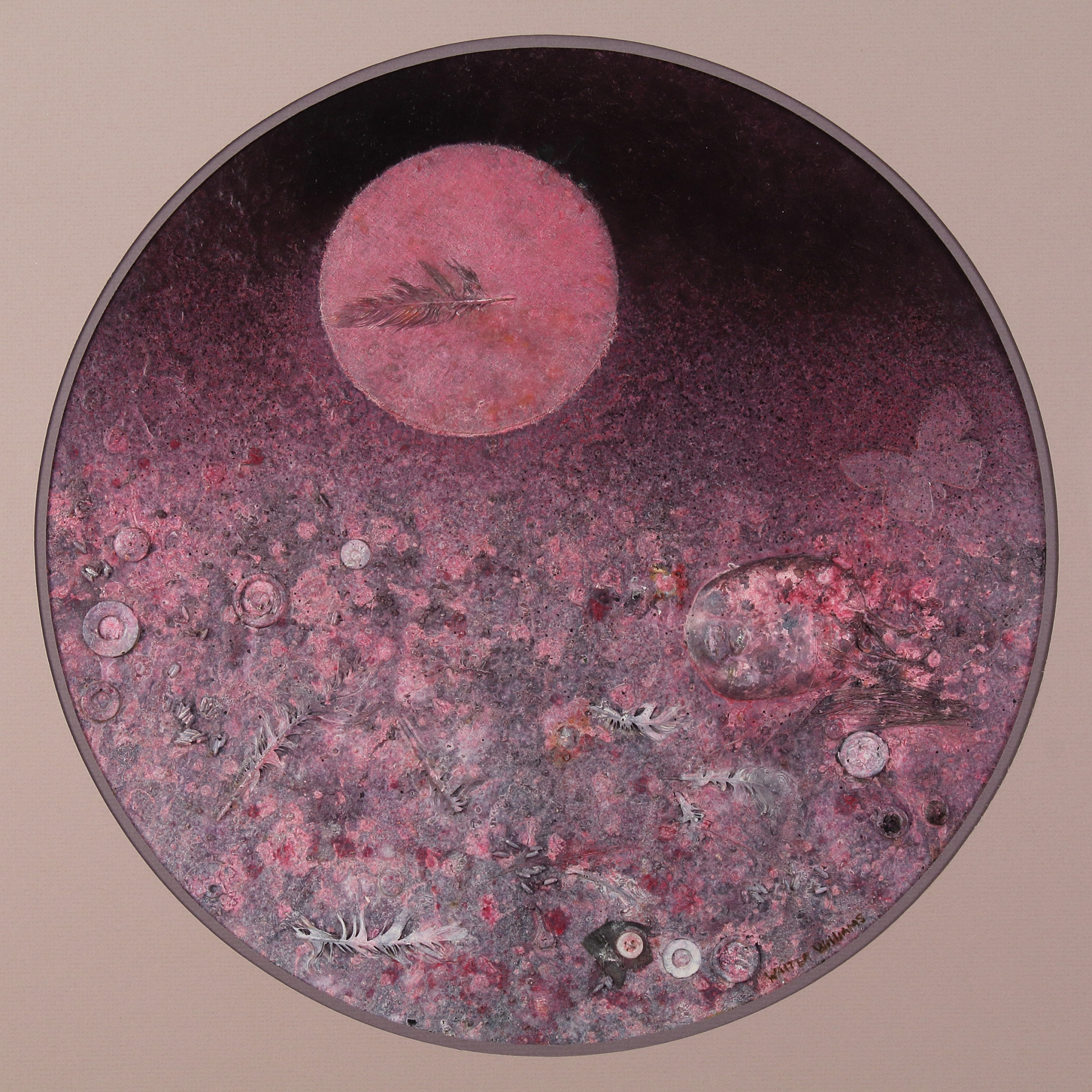 Landscape East, 1970, mixed media collage on board, 16 &frac34; inches, diameter