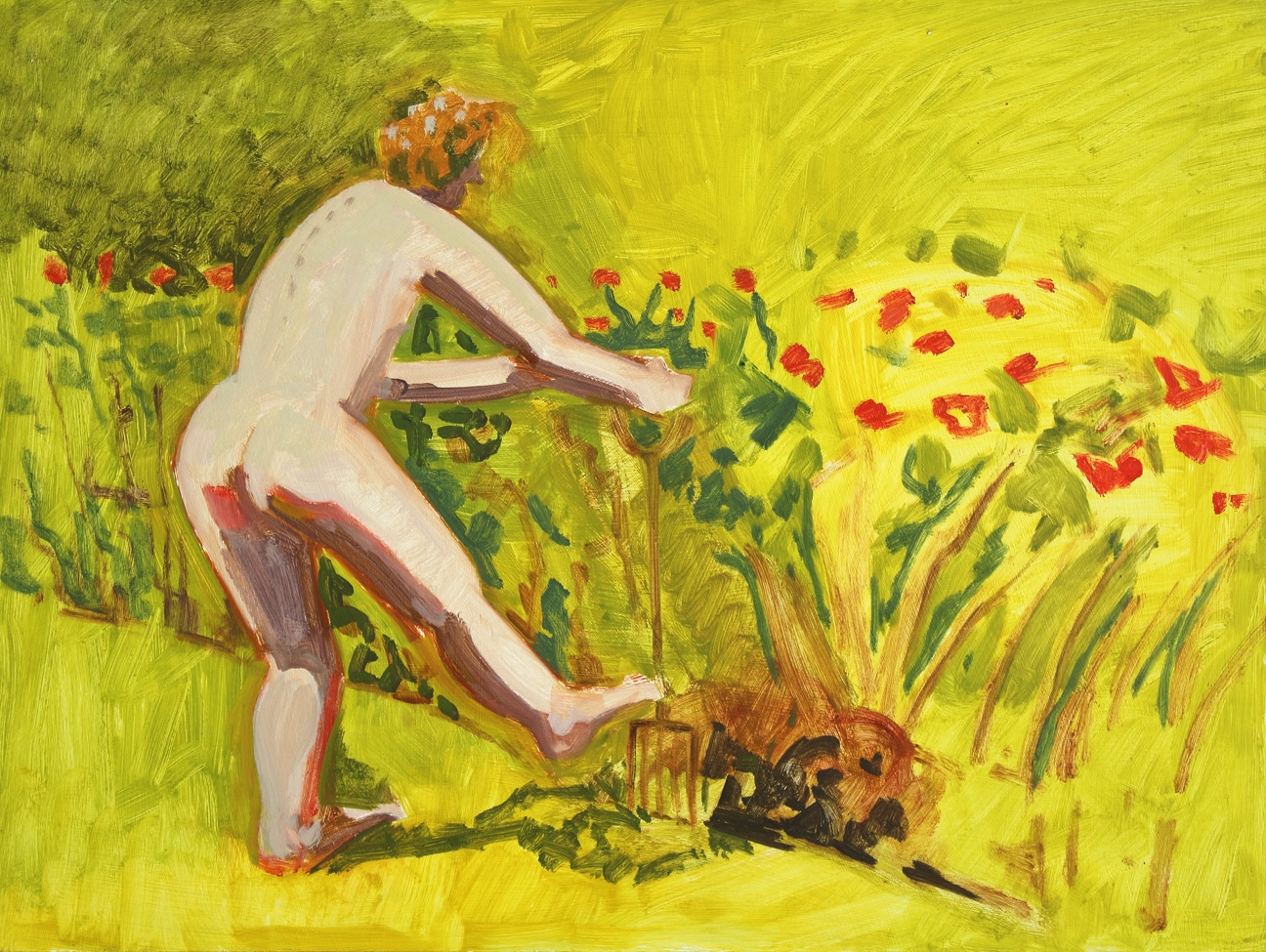 Lois Dodd, Digging Up Red Flowers