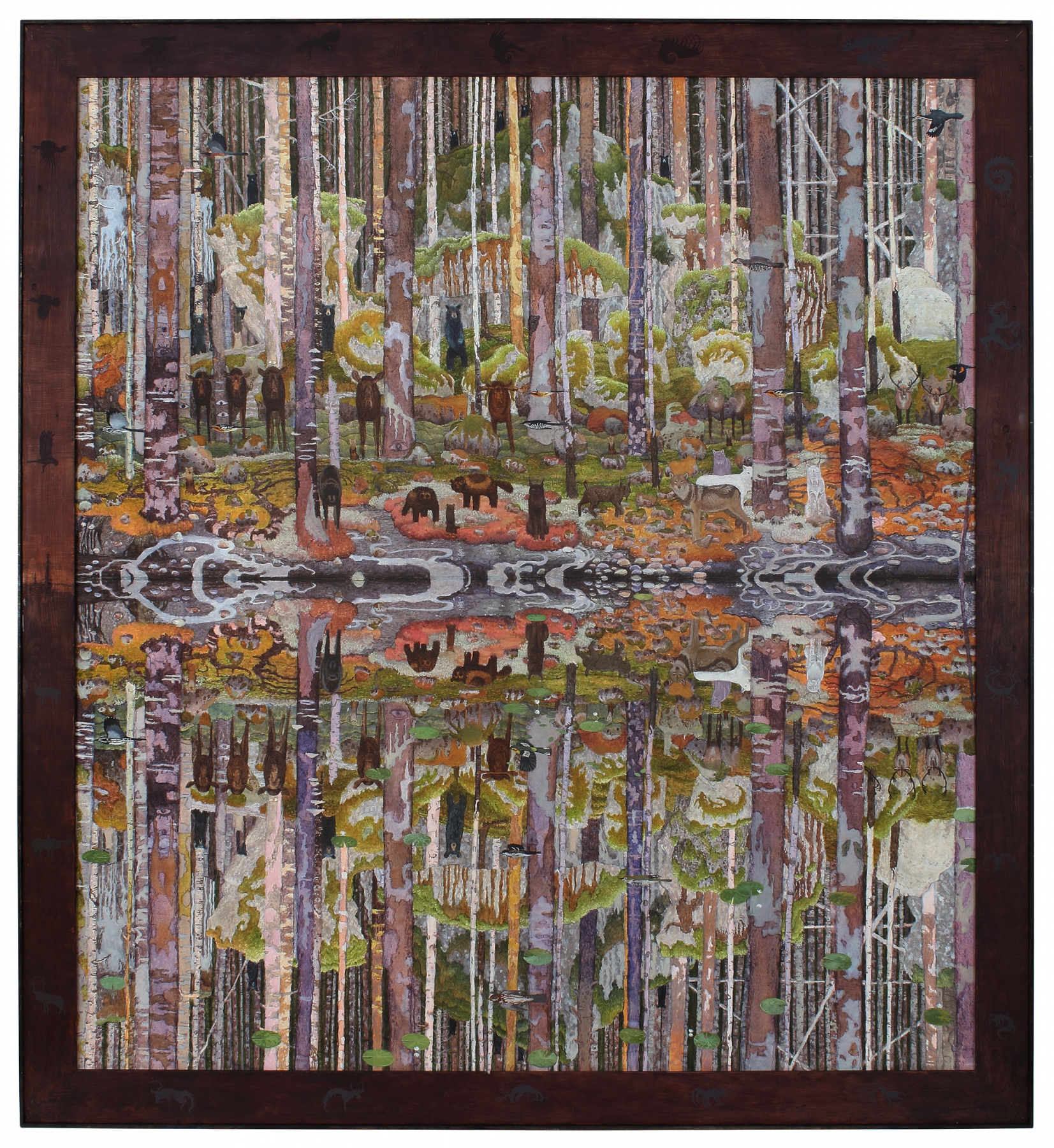 Onagaskwawai, 2020, oil on linen, 72 x 67 inches including artist&#39;s hand painted frame
